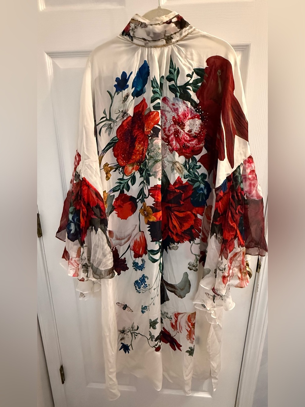 Silk Floral Bell-Sleeve Maxi Dress in White and Red